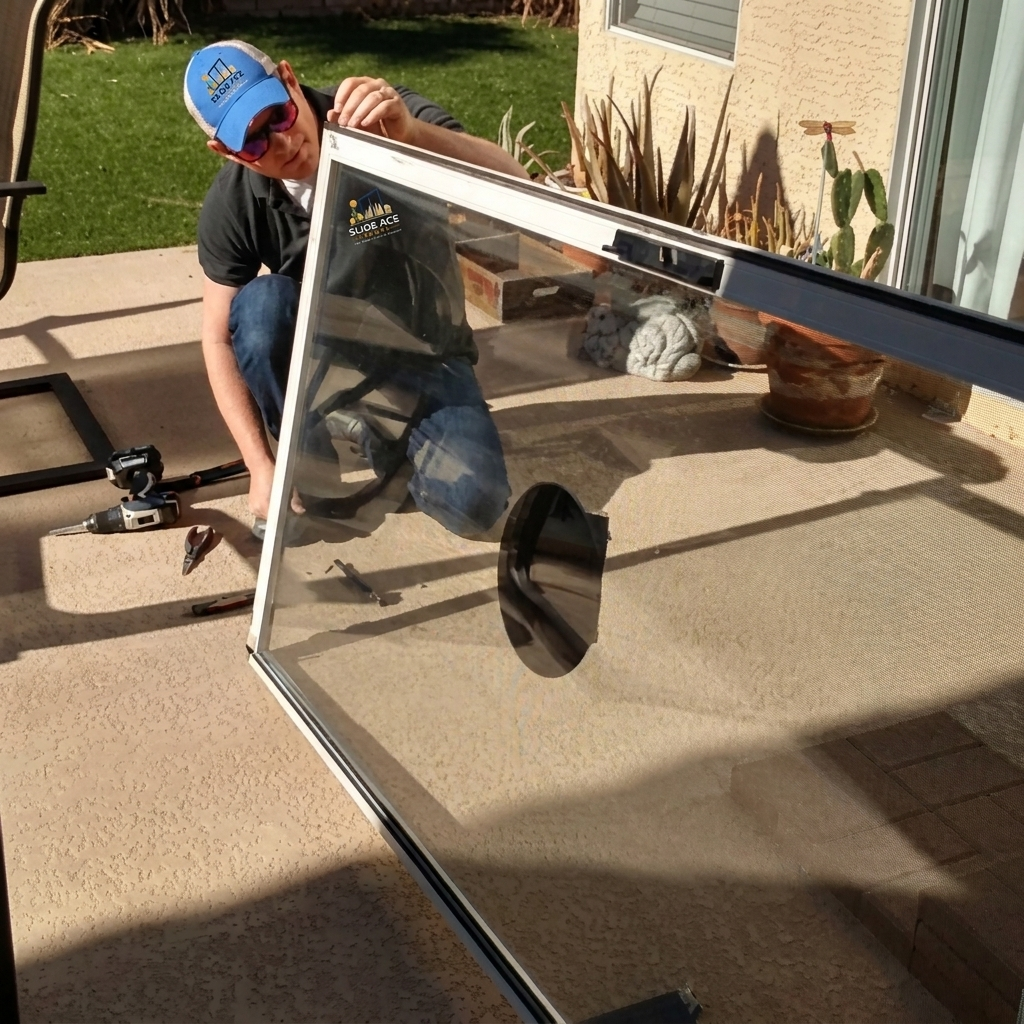 Slide Ace Doors technician repairing a sliding glass patio door at a Las Vegas desert home